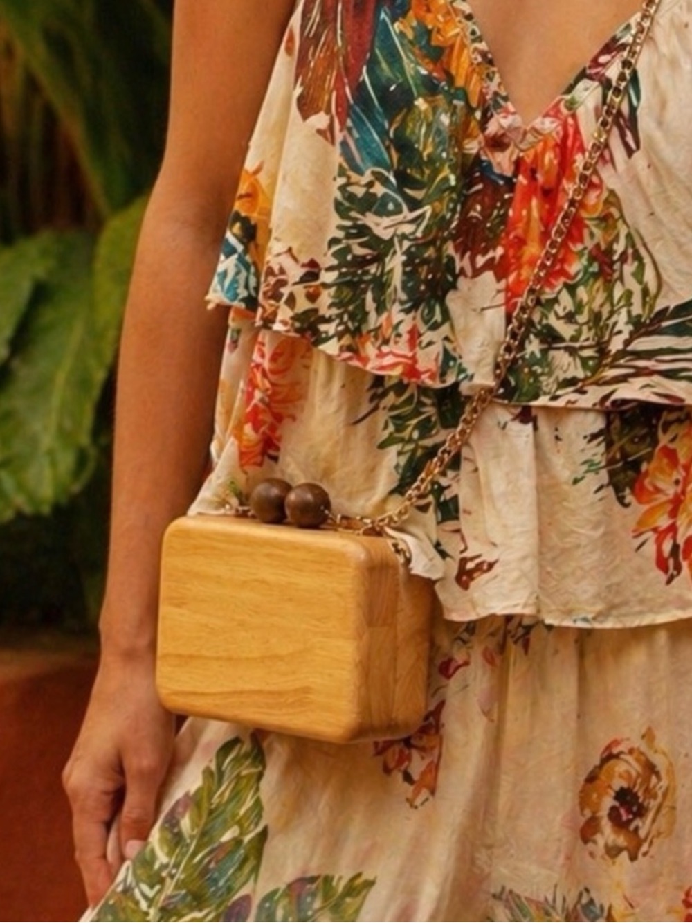 Inge Christopher Wood Minaudiere Clutch Box Bag with Chain Strap